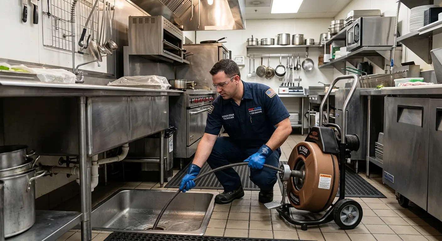 Commercial drain cleaning service in a restaurant kitchen in Chelsea