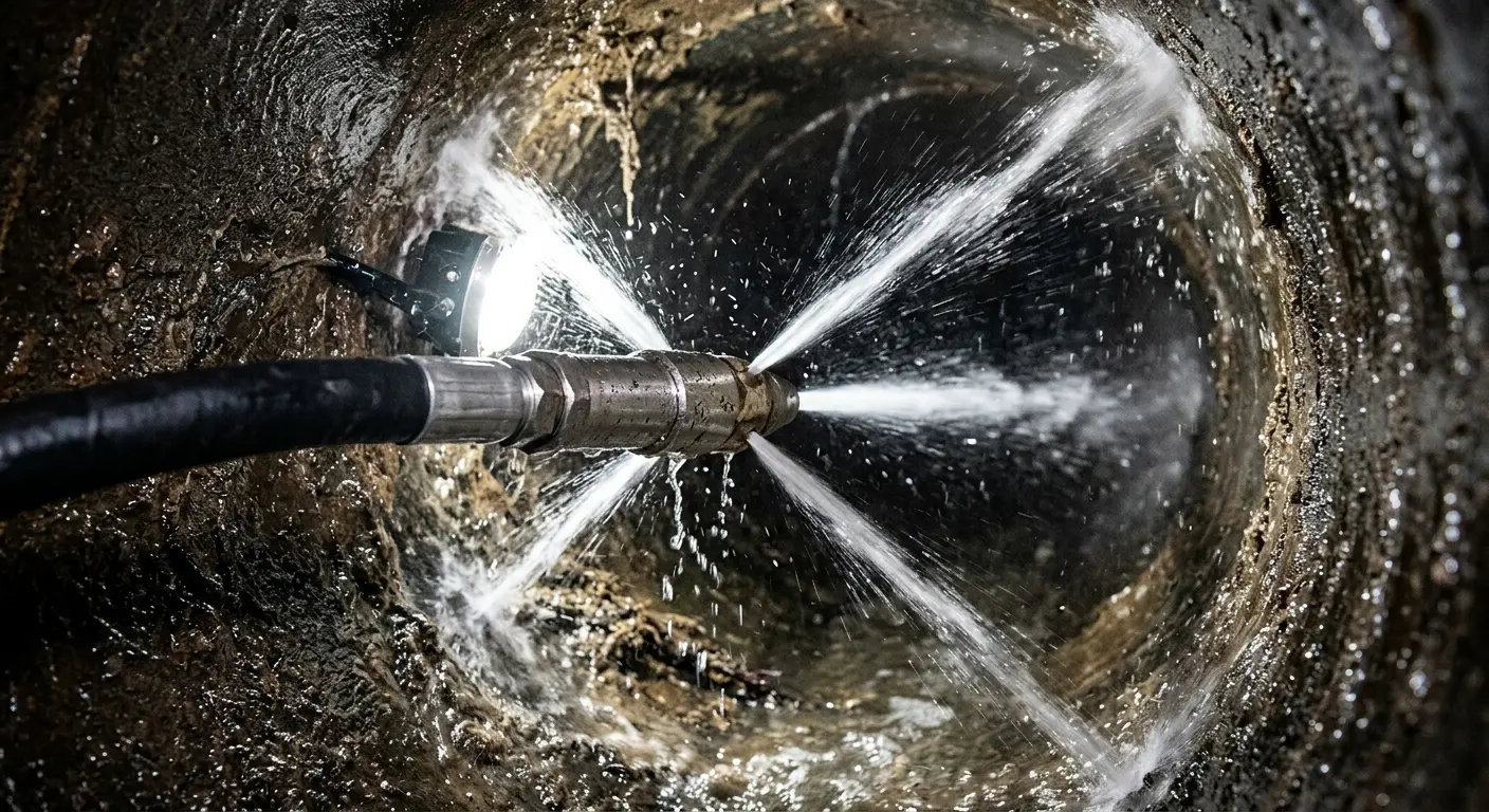 High-pressure hydro jetting nozzle cleaning sewer pipe for Sewer Cleanout in Chelsea