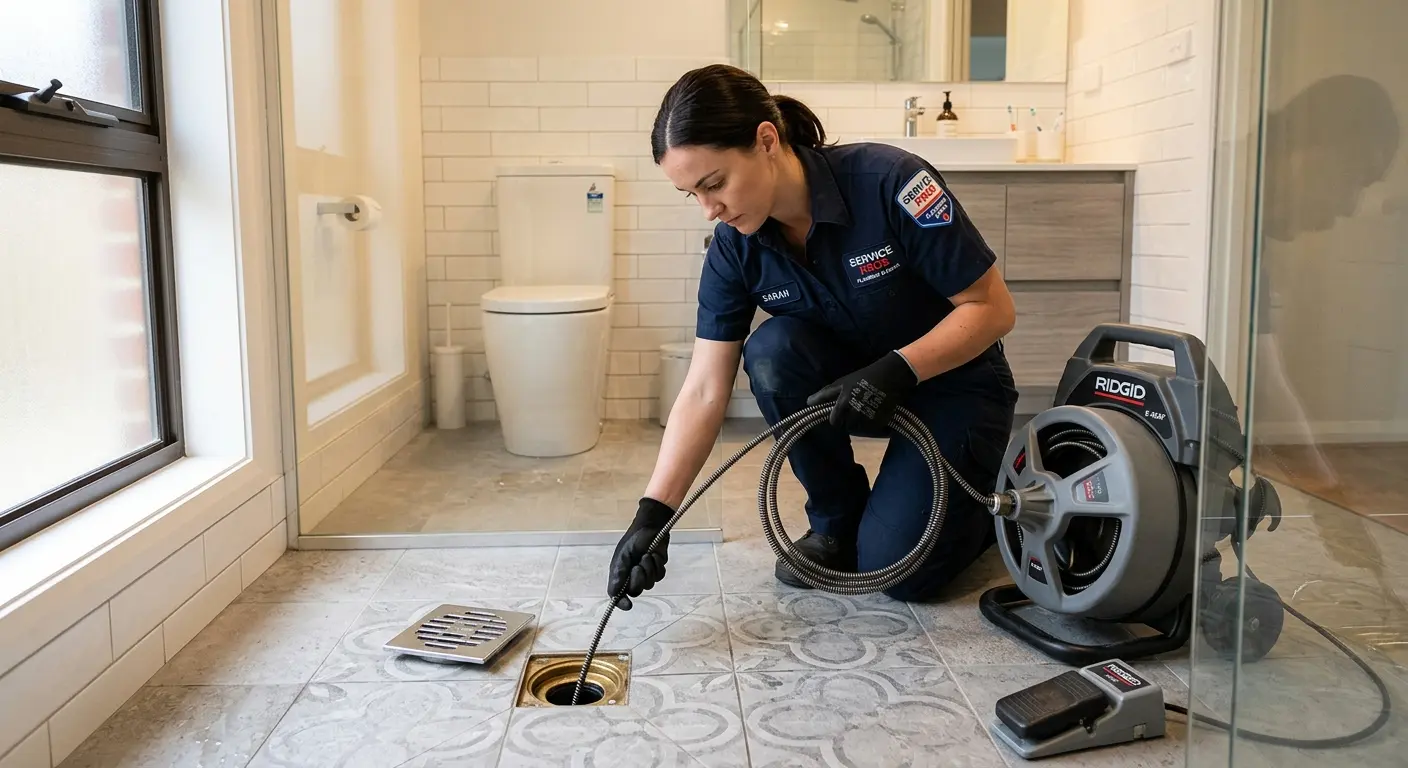 Technician clearing a bathroom floor drain for Hydro Jetting in Chelsea